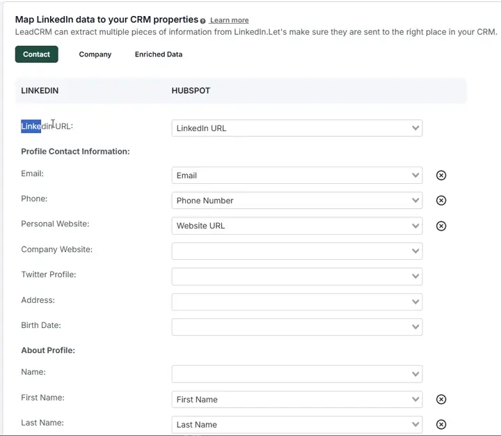 LeadCRM field mapping settings for HubSpot