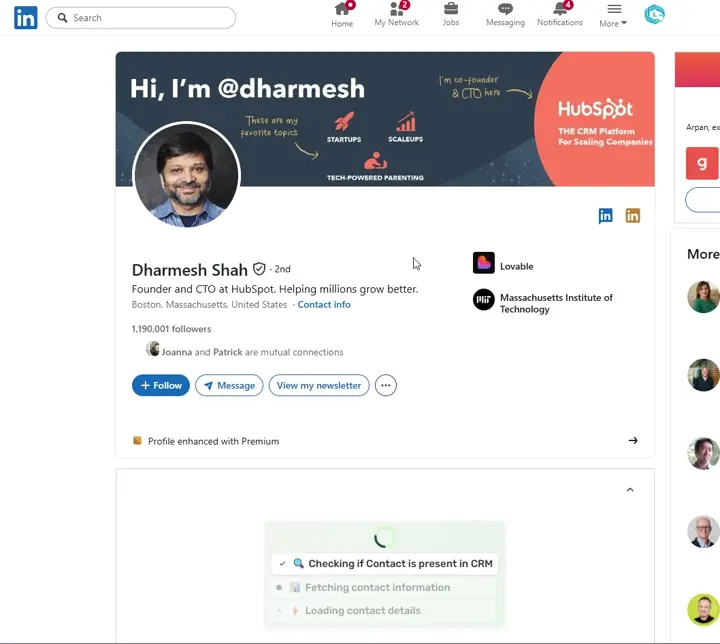 LeadCRM workflow showing LinkedIn profile data, HubSpot context, and enrichment details
